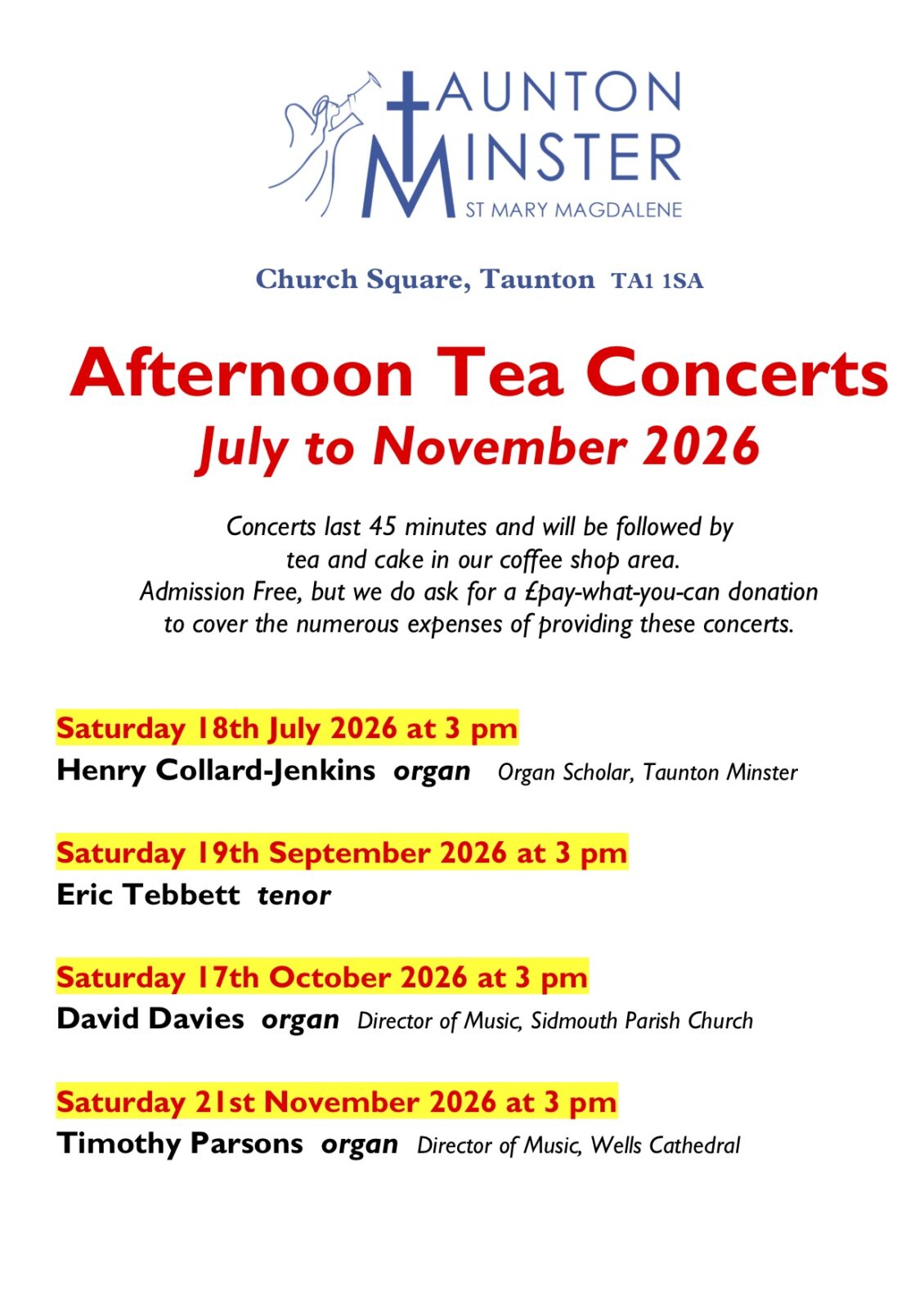 Afternoon Tea Concerts – July to November